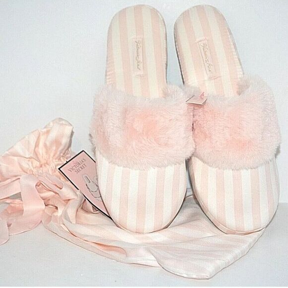 VICTORIA'S SECRET WOMEN'S SIGNATURE SATIN SLIPPERS WHITE PINK STRIPED Size Small - Picture 1 of 10